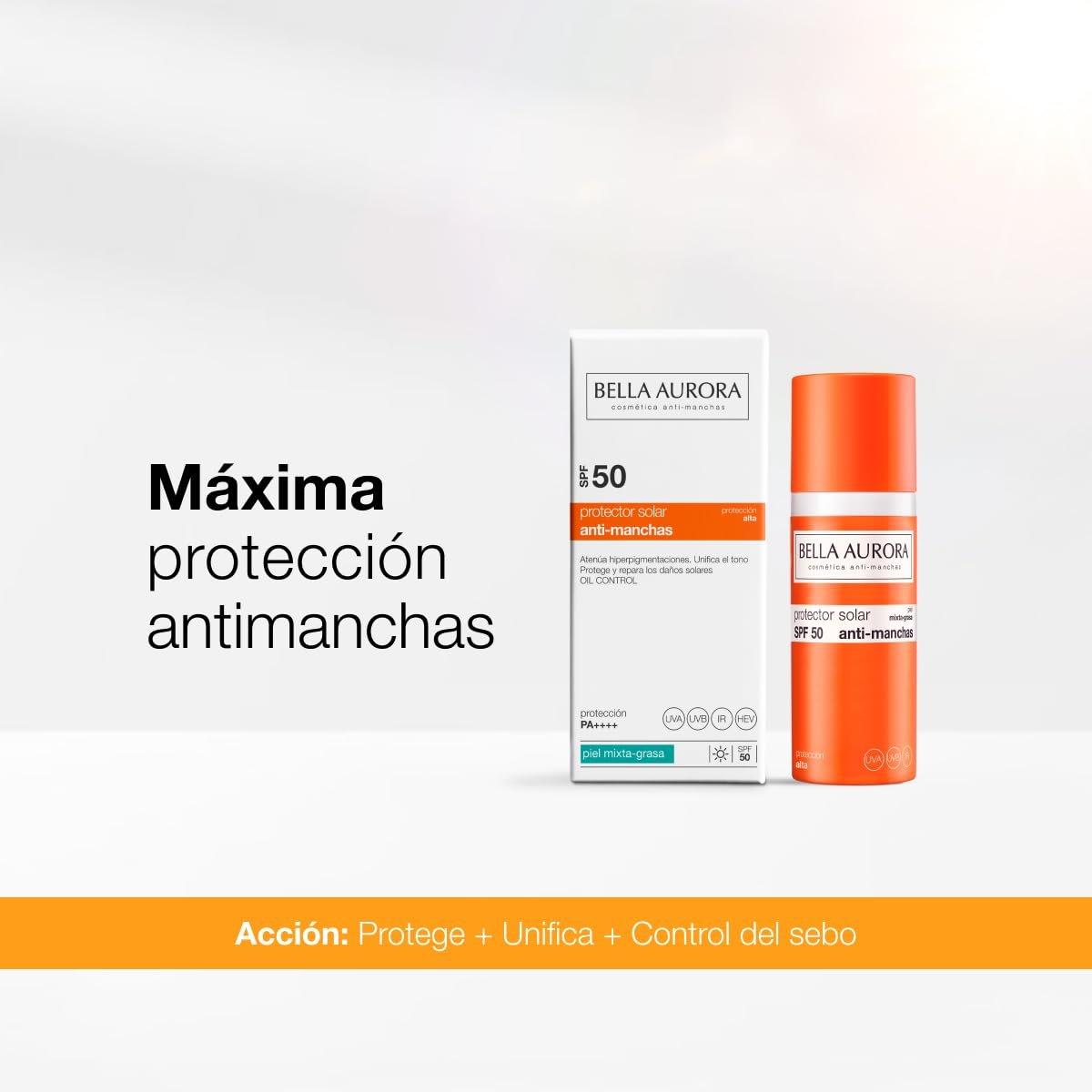 Bella Aurora Protector Solar Facial Antimanchas SPF 50+ | Protección Muy Alta UVA UVB IR Luz Azul | Control Brillos y Absorción Rápida | Piel Mixta y Grasa | Uso Diario | 50 ml