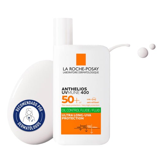 La Roche Posay Fluido Invisible, Protector Solar con SPF50+, Efecto Matificante 24 Horas, Resistente al Agua, Sudor y Arena, Fórmula con Mexoryl 400, Anthelios UV-MUNE 400 Oil Control, 50 ml