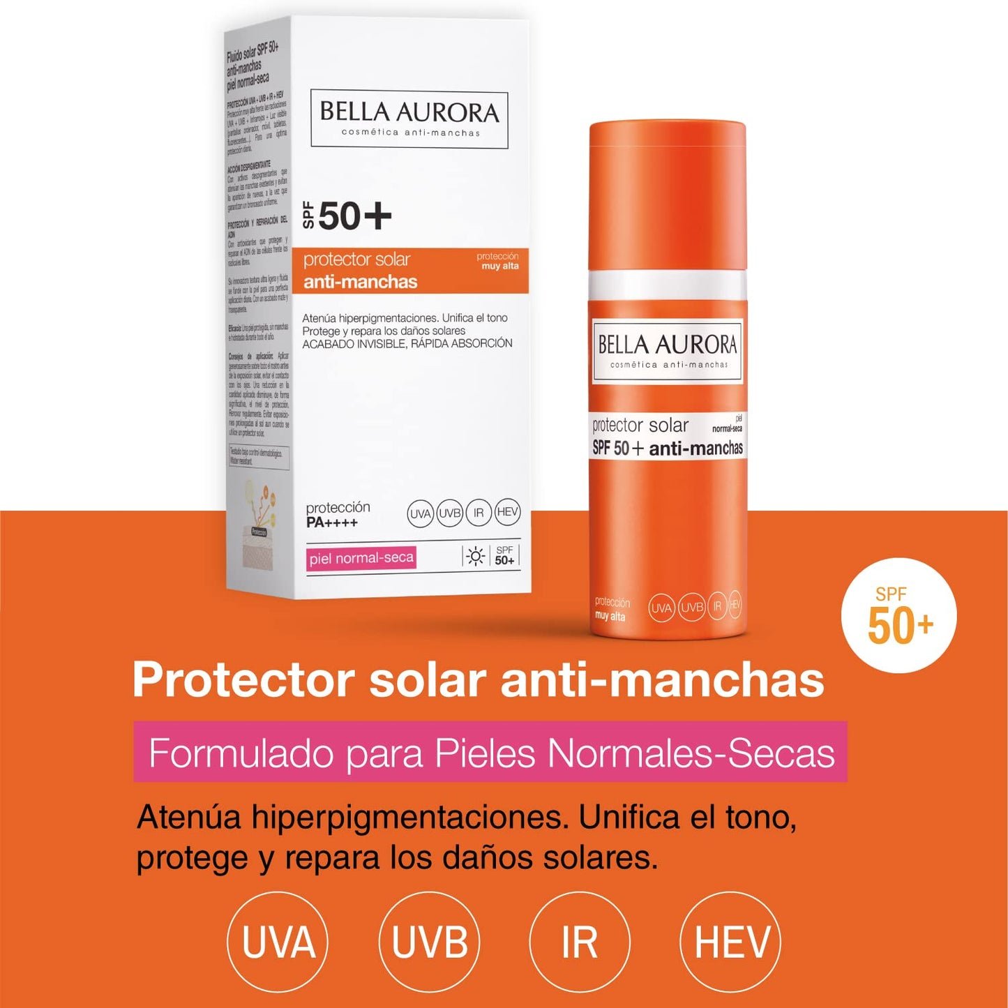 Bella Aurora Protector Solar SPF 50+ Facial Anti-Manchas Piel Normal Seca, 50 ml | Crema Protección del Sol Cara | Bloqueador Solar
