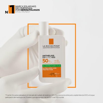 La Roche Posay Fluido Invisible, Protector Solar con SPF50+, Efecto Matificante 24 Horas, Resistente al Agua, Sudor y Arena, Fórmula con Mexoryl 400, Anthelios UV-MUNE 400 Oil Control, 50 ml