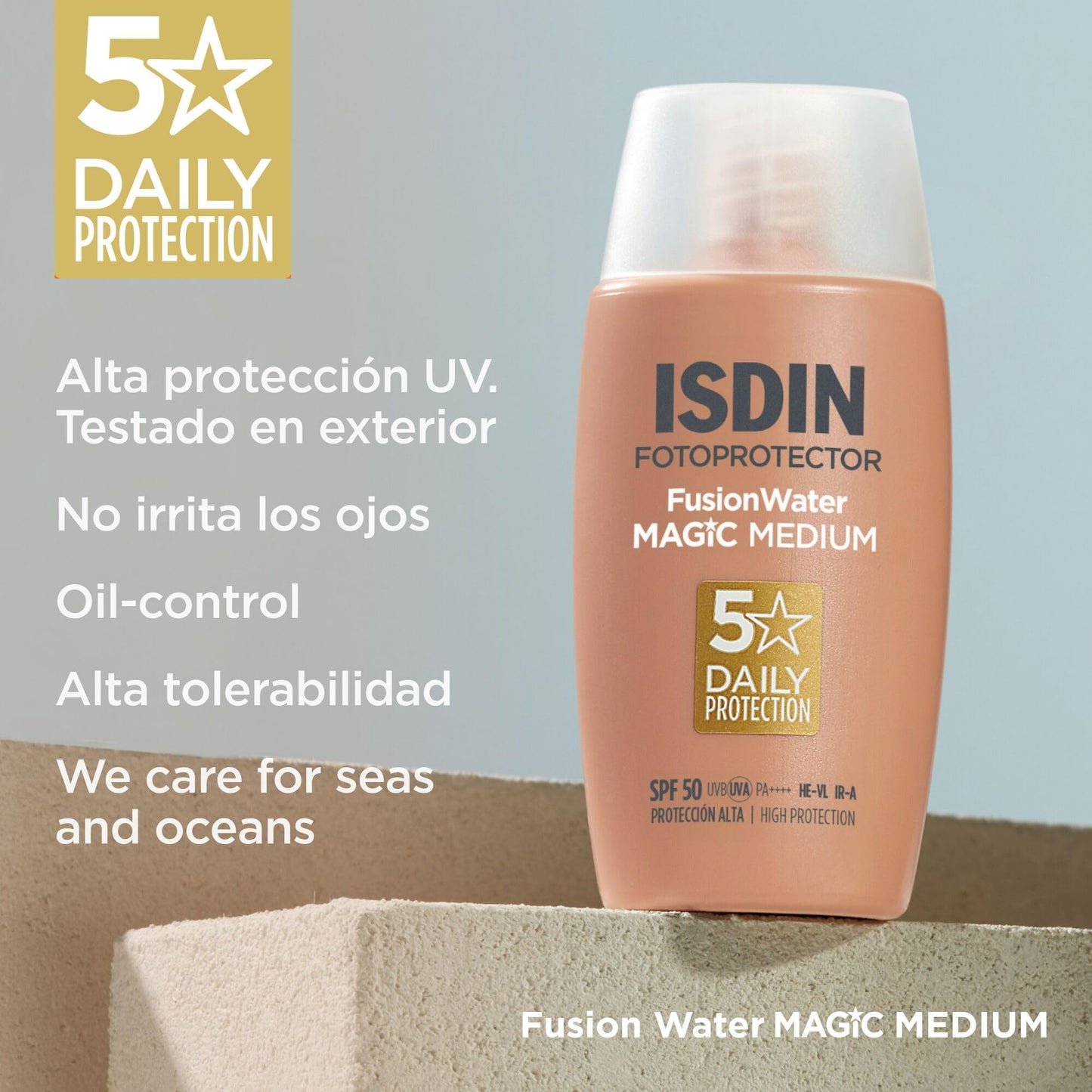 ISDIN Fotoprotector Fusion Water MAGIC Medium SPF 50, Protector Solar Facial Ultraligero Con Color, Crema Solar Que Unifica El Tono Y Protege Con Tecnología Full Spectrum, En 3 Tonos -50 ml