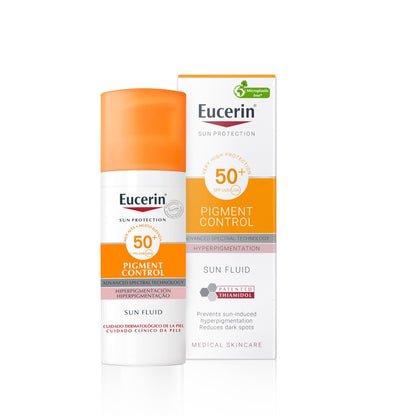 Eucerin Sun Face Pigment Control Fluid FPS 50+ (50 ml), crema facial solar FPS 50+ con filtros UVA/UVB, protección solar antimanchas y antipigmentación, crema de sol para todo tipo de pieles
