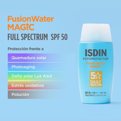 ISDIN Fotoprotector Fusion Water MAGIC SPF 50, Protector Solar Facial De Uso Diario Ultraligero Y Absorción Inmediata, Crema Solar Que Protege Frente Al Daño Solar Con Tecnología Full Spectrum -50 ml
