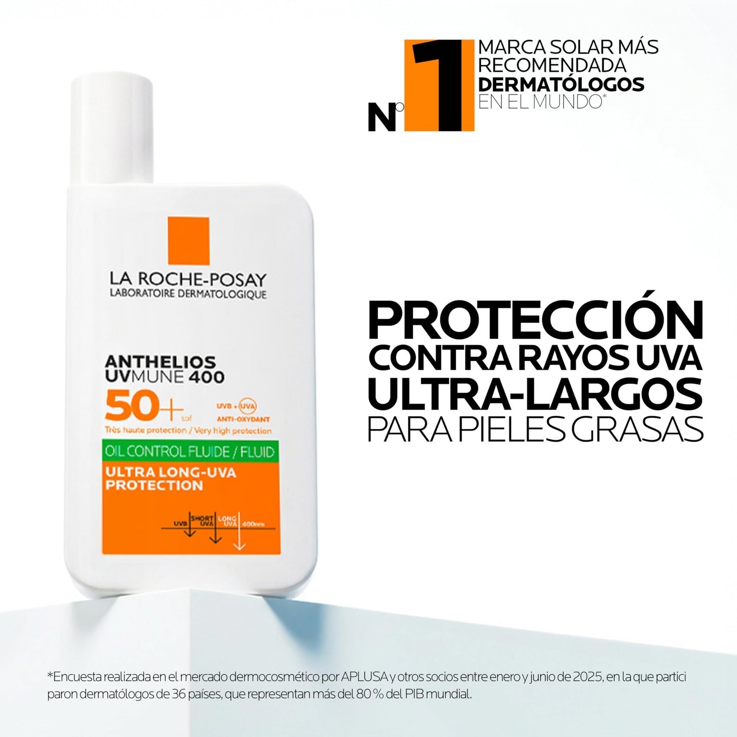 La Roche Posay Fluido Invisible, Protector Solar con SPF50+, Efecto Matificante 24 Horas, Resistente al Agua, Sudor y Arena, Fórmula con Mexoryl 400, Anthelios UV-MUNE 400 Oil Control, 50 ml
