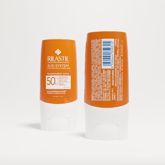 Rilastil - Sun System Stick SPF 50+, Protección Solar Alta UVB UVA Zonas Sensibles, con PRO-DNA Complex, Transparente Resistente Agua - 8,5 g
