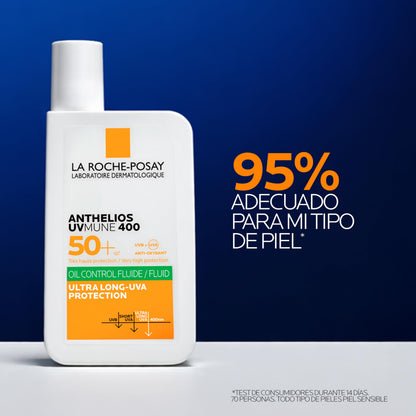 La Roche Posay Fluido Invisible, Protector Solar con SPF50+, Efecto Matificante 24 Horas, Resistente al Agua, Sudor y Arena, Fórmula con Mexoryl 400, Anthelios UV-MUNE 400 Oil Control, 50 ml